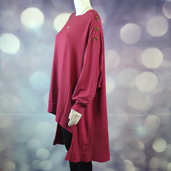 The Sweatshirt Project 1X Burgundy Wine Pullover High Low Hemline Button Accents - Picture 4 of 7